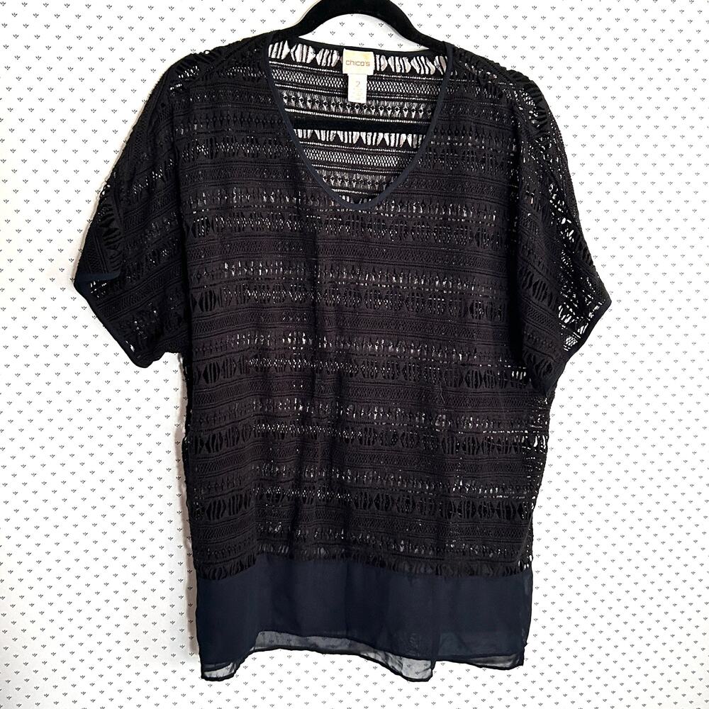 Chicos Crochet Open Knit Top L 2 Black V Neck Blouse Shirt Boho Coastal Womens